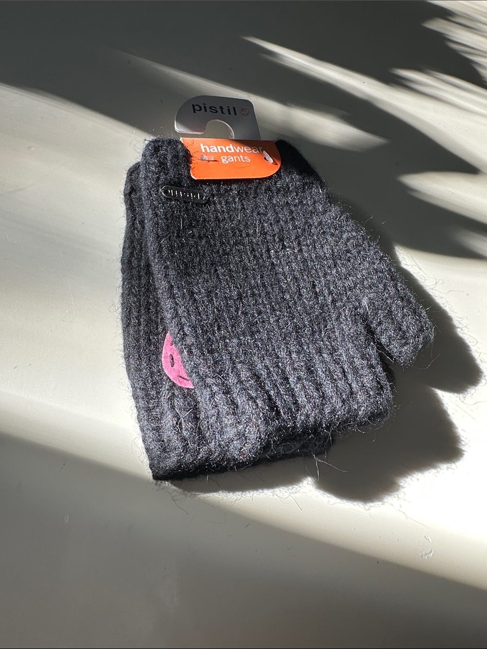 pistil Black Fingerless Knit Gloves with Pink Patch